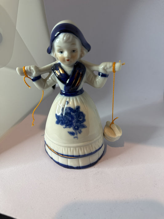 Vintage Delft Blue and White Porcelain Bell Girl Figurine With One Bucket 5.5" Tall