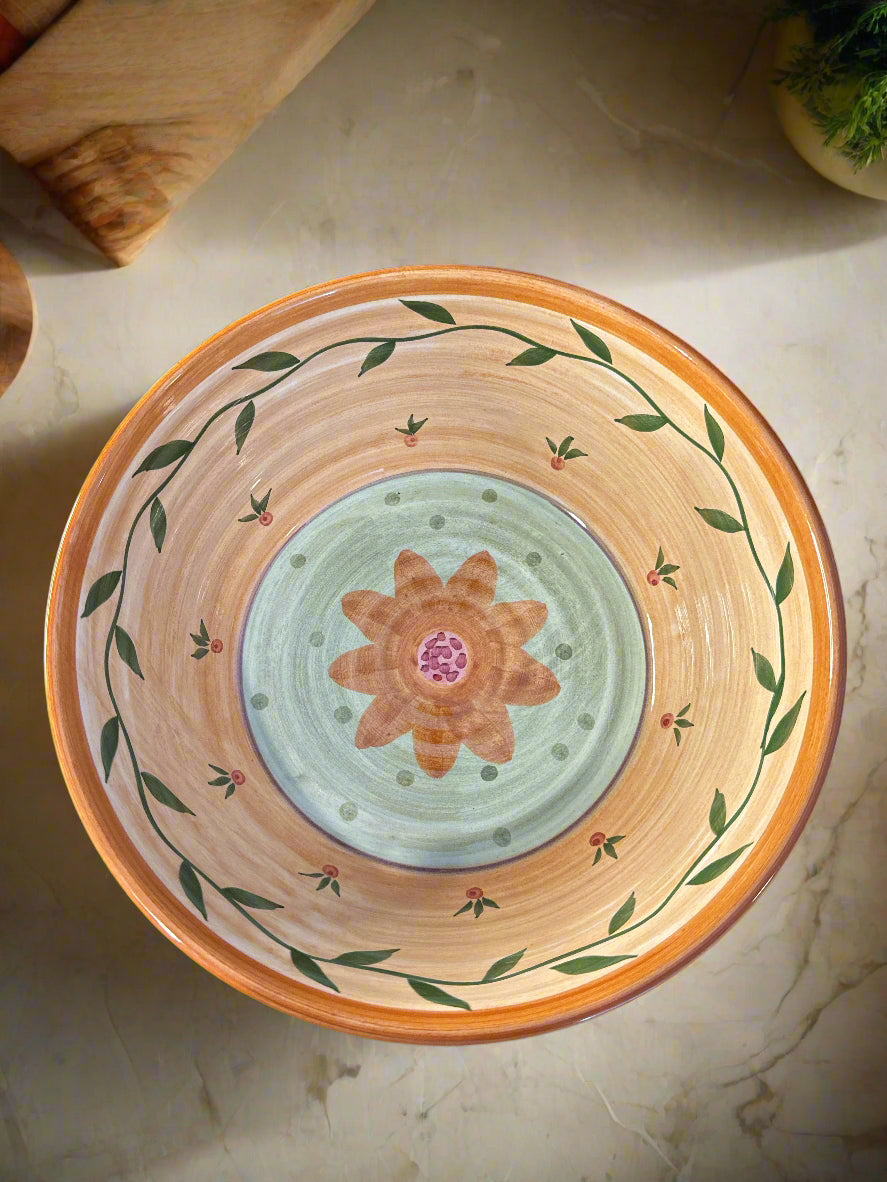 Culinary Arts CUA1 Pattern 9" Round Vegetable Bowl 3.5" Tall Floral Pink and Brown Color