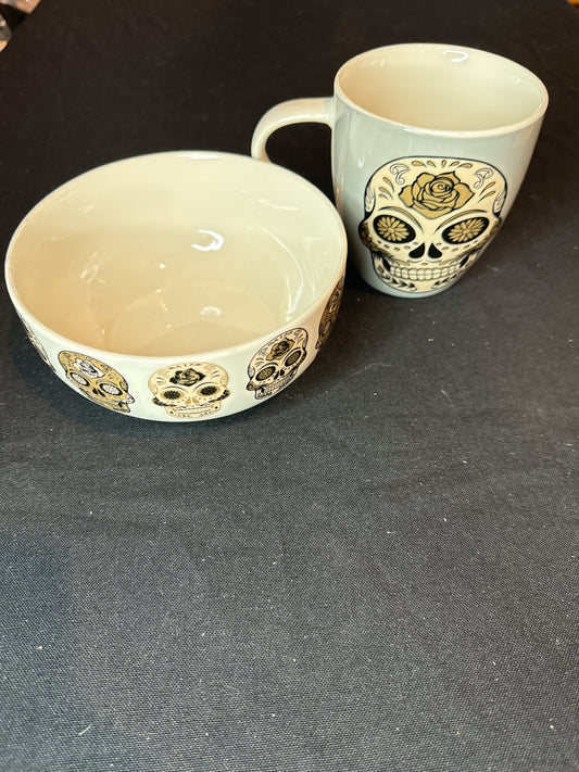 New Eaton Fine Dining Halloween Sugar Skull Breakfast Cereal Bowl & Coffee Cup Set