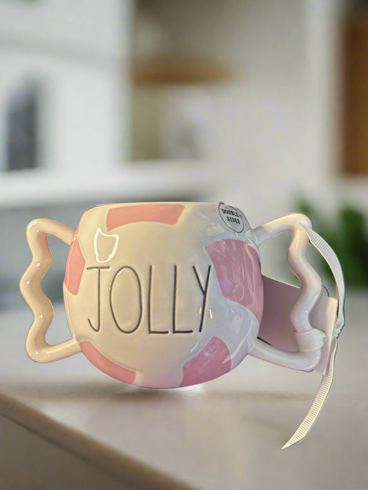 Rae Dunn Artisan Collection Double Handled Coffee Mug Cup "Jolly" Pink/White 3.5" Tall New