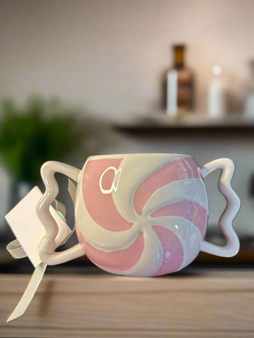 Rae Dunn Artisan Collection Double Handled Coffee Mug Cup "Jolly" Pink/White 3.5" Tall New