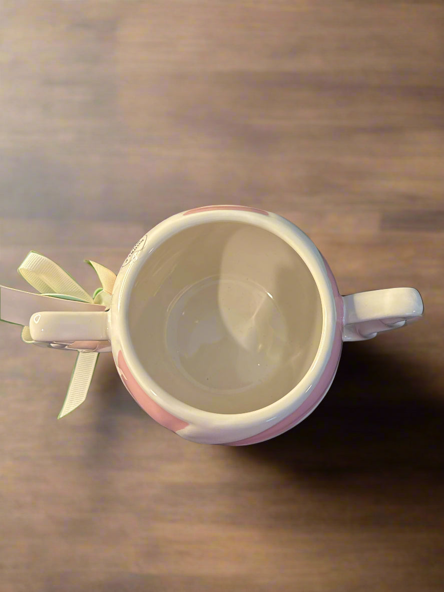Rae Dunn Artisan Collection Double Handled Coffee Mug Cup "Jolly" Pink/White 3.5" Tall New
