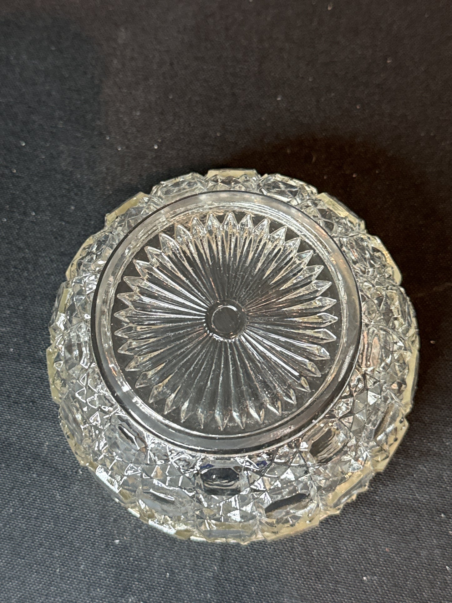 English Cut Crystal Jam Dish with Silver Rim 4.25" Wide 2.5" Tall