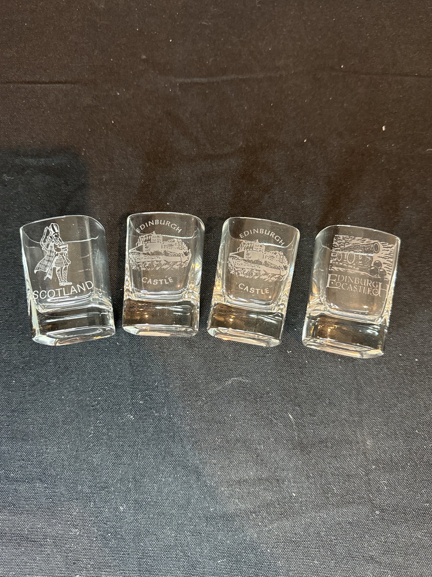 4 Burns Crystal The Dram Glass Edinburgh Castle & Scotland Square Shot Glasses 2.5" Tall