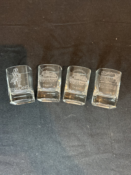 4 Burns Crystal The Dram Glass Edinburgh Castle & Scotland Square Shot Glasses 2.5" Tall