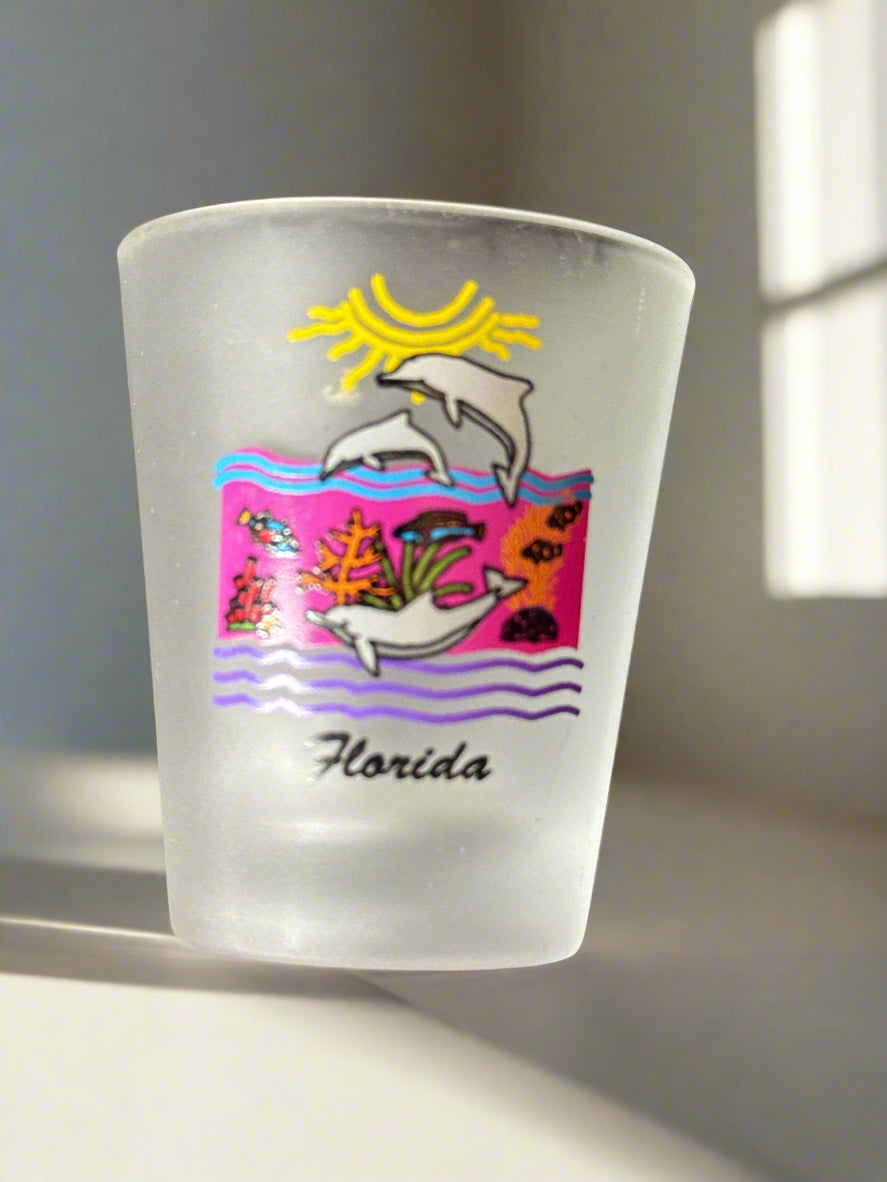 Vintage Florida Dolphins Frosted Shot Glass 2.25" Tall