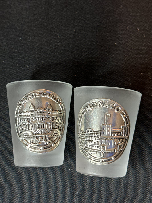 Vintage Monte Carlo and Monaco Frosted Shot Glasses with Pewter Emblems 2.25" Tall