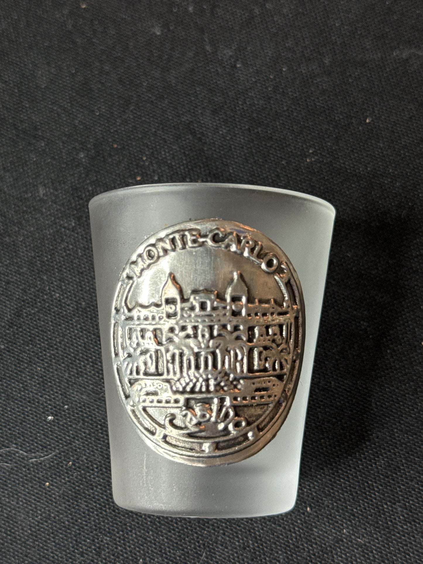 Vintage Monte Carlo and Monaco Frosted Shot Glasses with Pewter Emblems 2.25" Tall