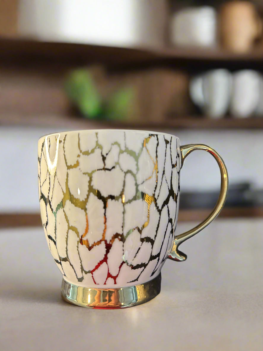 Gibson Home Gold Color Crackle Coffee Cup Mug White Interior 4.25" Tall New