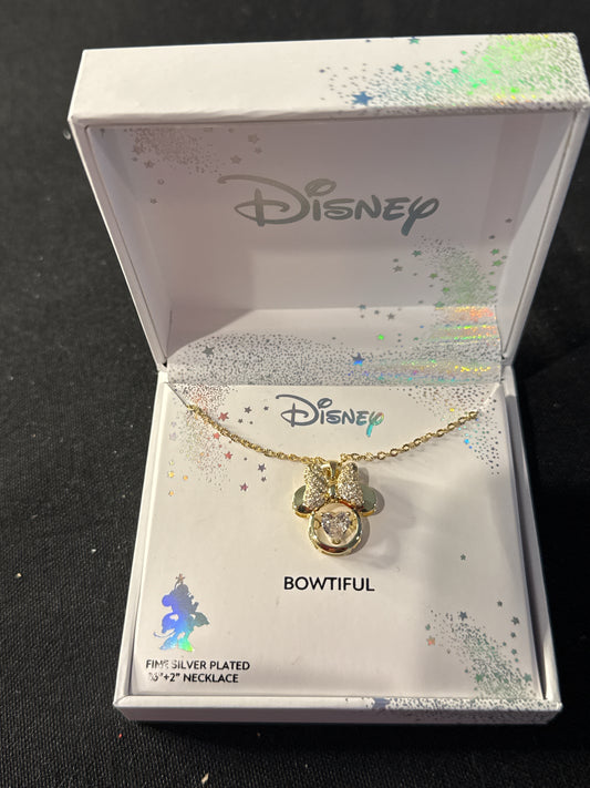 Rare Disney Heart Crystal Minnie Mouse Gold Bow Necklace Fine Silver Plated Bowtiful NIB