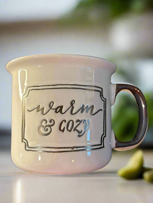 Warm & Cozy 14oz Stoneware Coffee Mug Cup White Brown Bronze 3.75" Tall