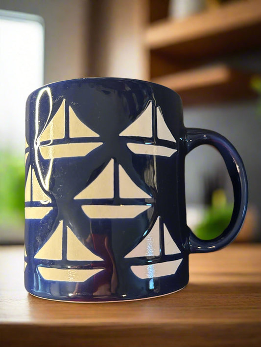 Vintage Waechterbach Cobalt and White Sailboat Coffee Cup Mug Spain 3.75" Tall New