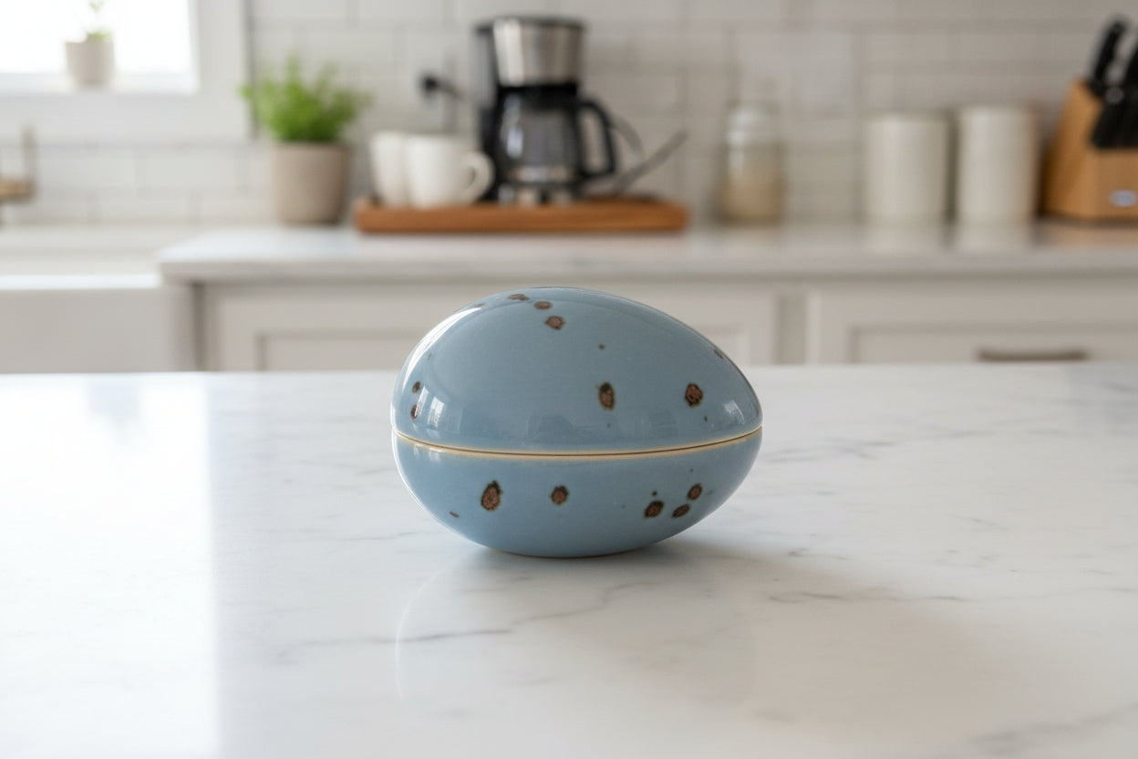 Vintage Dansk Egg Shaped Trinket Box Speckled Stoneware Lidded Dish Denmark 4.25" x 3.25"