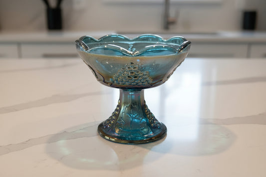 Indiana Glass Blue Harvest Candle Stick Holder Blue Carnival Glass 4" Tall x 4 3/8" Wide
