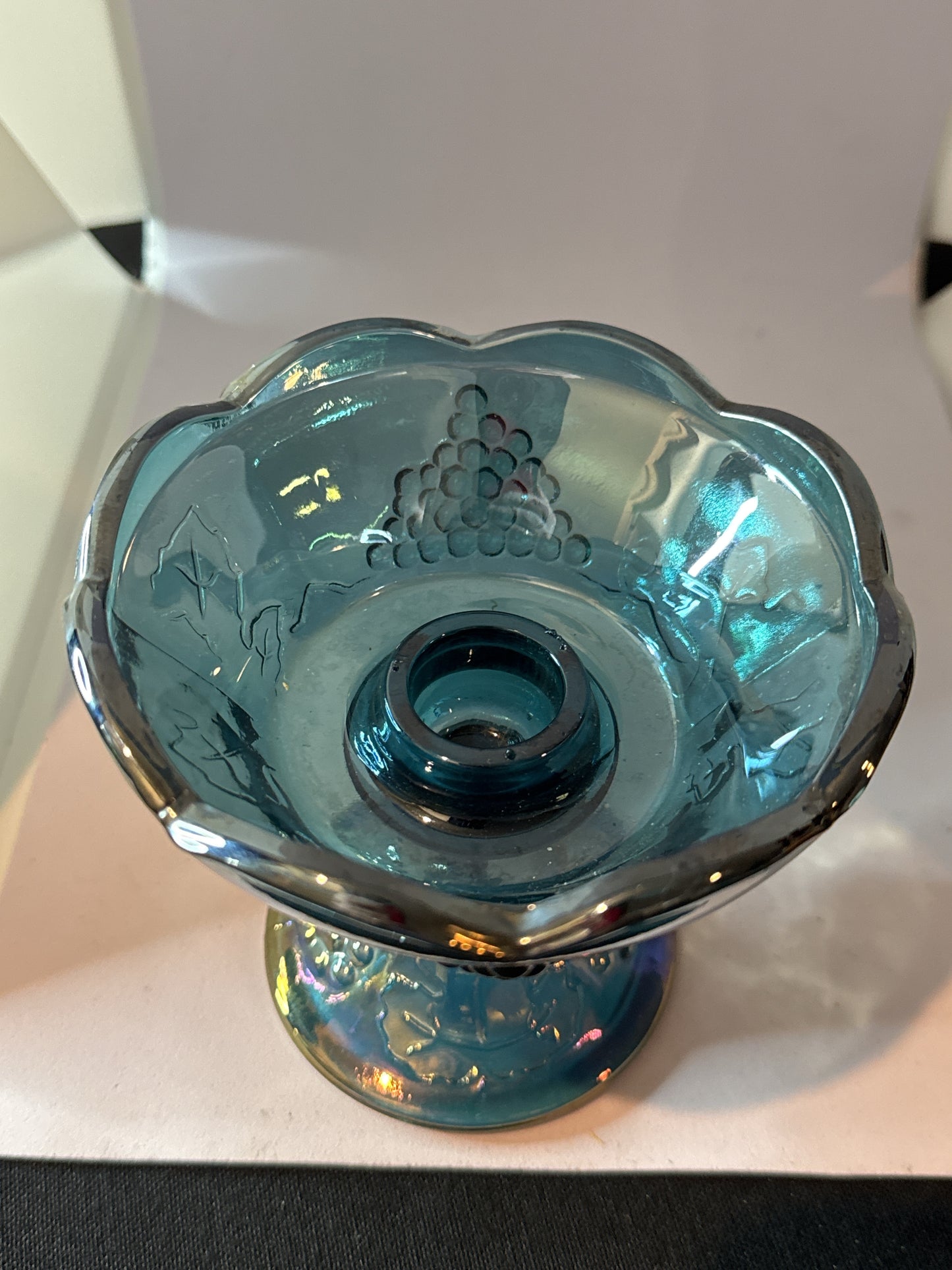 Indiana Glass Blue Harvest Candle Stick Holder Blue Carnival Glass 4" Tall x 4 3/8" Wide