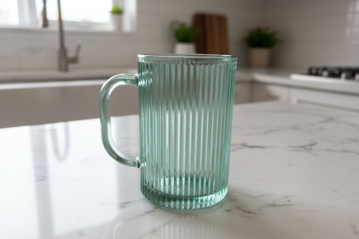 Aqua Turquoise Blue Ribbed Glass Coffee Cup Mug 4.75" Tall