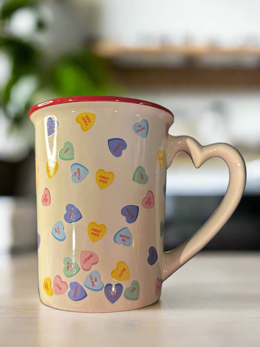 Sweethearts Conversation Hearts Coffee Cup Mug Heart Handle 4.75" Tall 16oz New