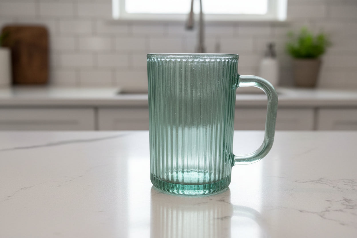 Aqua Turquoise Blue Ribbed Glass Coffee Cup Mug 4.75" Tall