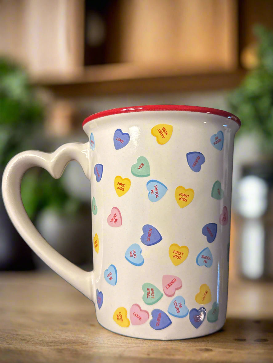 Sweethearts Conversation Hearts Coffee Cup Mug Heart Handle 4.75" Tall 16oz New