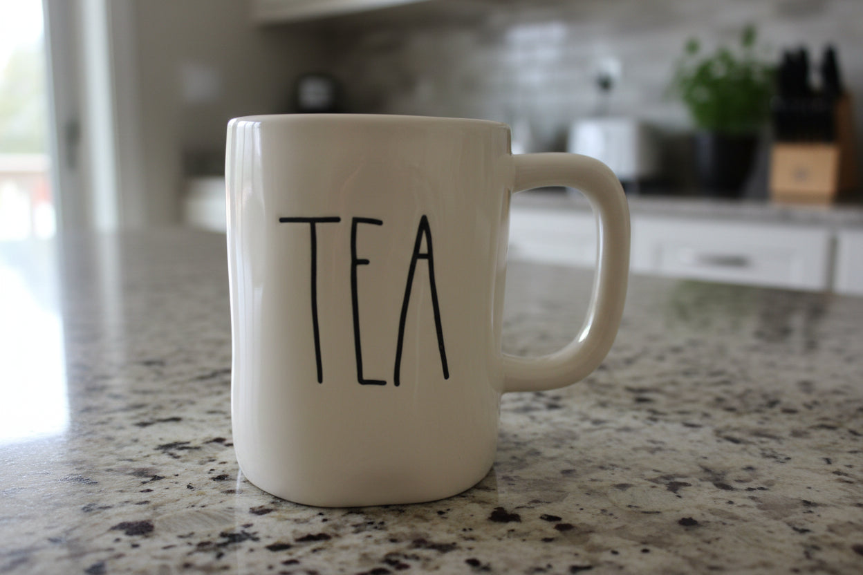 Rae Dunn "Tea" White Coffee Mug Cup Artisan Collection by Magenta 4.5" Tall