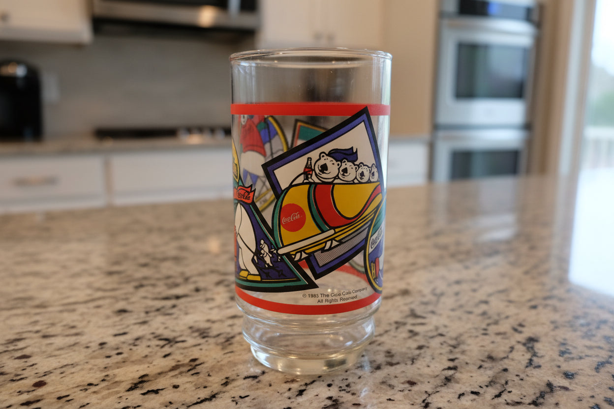 Coca Cola 1995 Polar Bear 16oz Glass Indiana Glass Winter Games 5 7/8" Tall