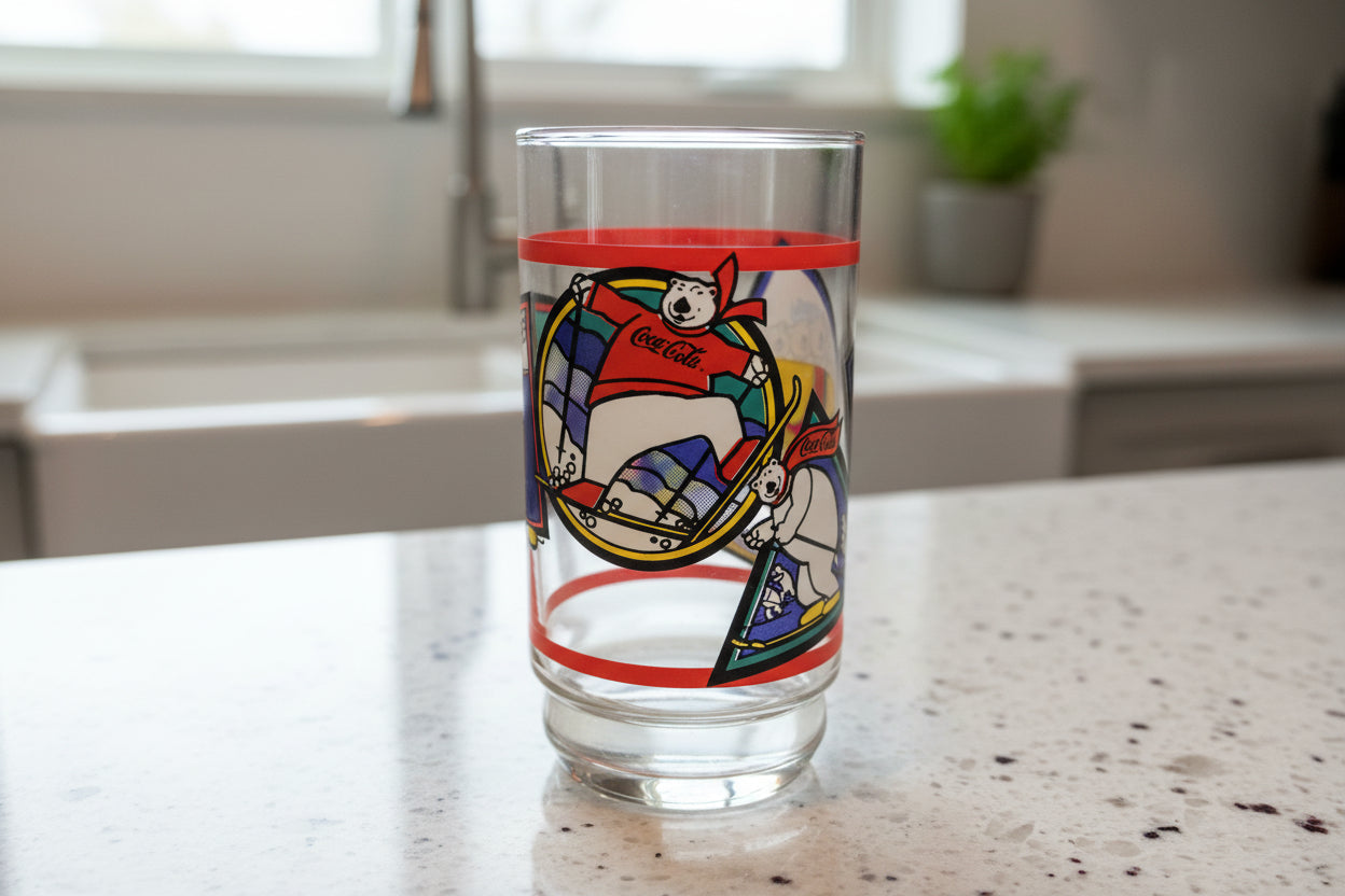 Coca Cola 1995 Polar Bear 16oz Glass Indiana Glass Winter Games 5 7/8" Tall