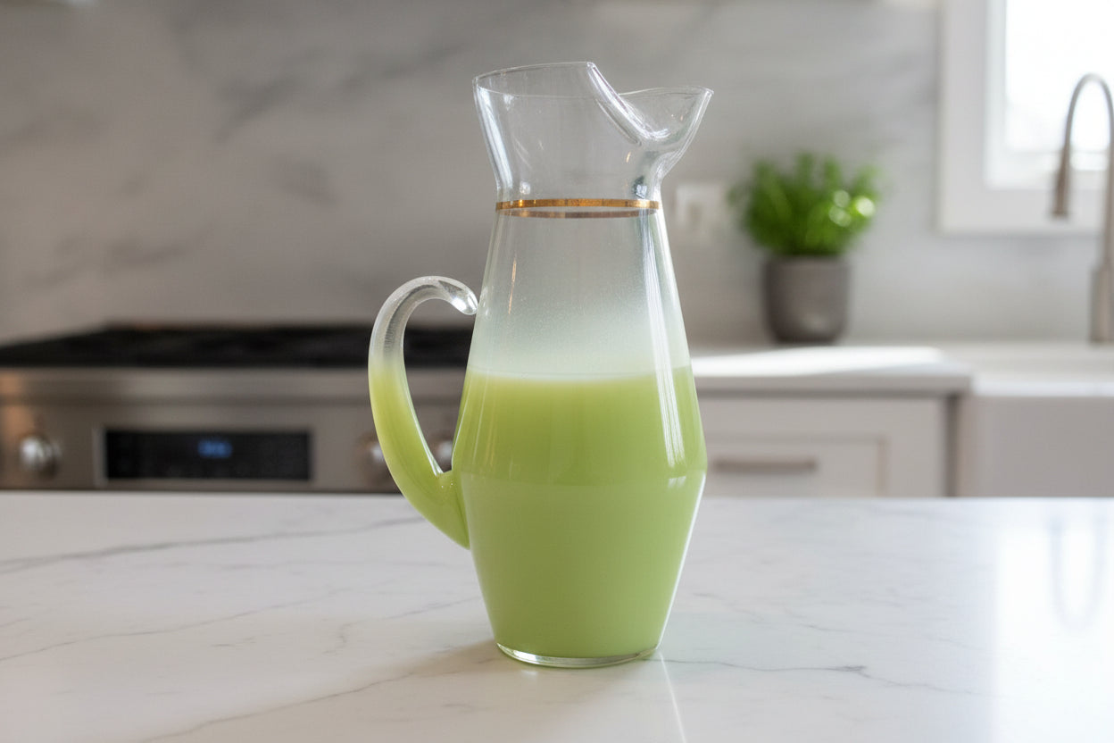 West Virginia Glass Blendo Frosted Green Vintage 80oz Serving Pitcher Gold Trim 9 1/8" Tall