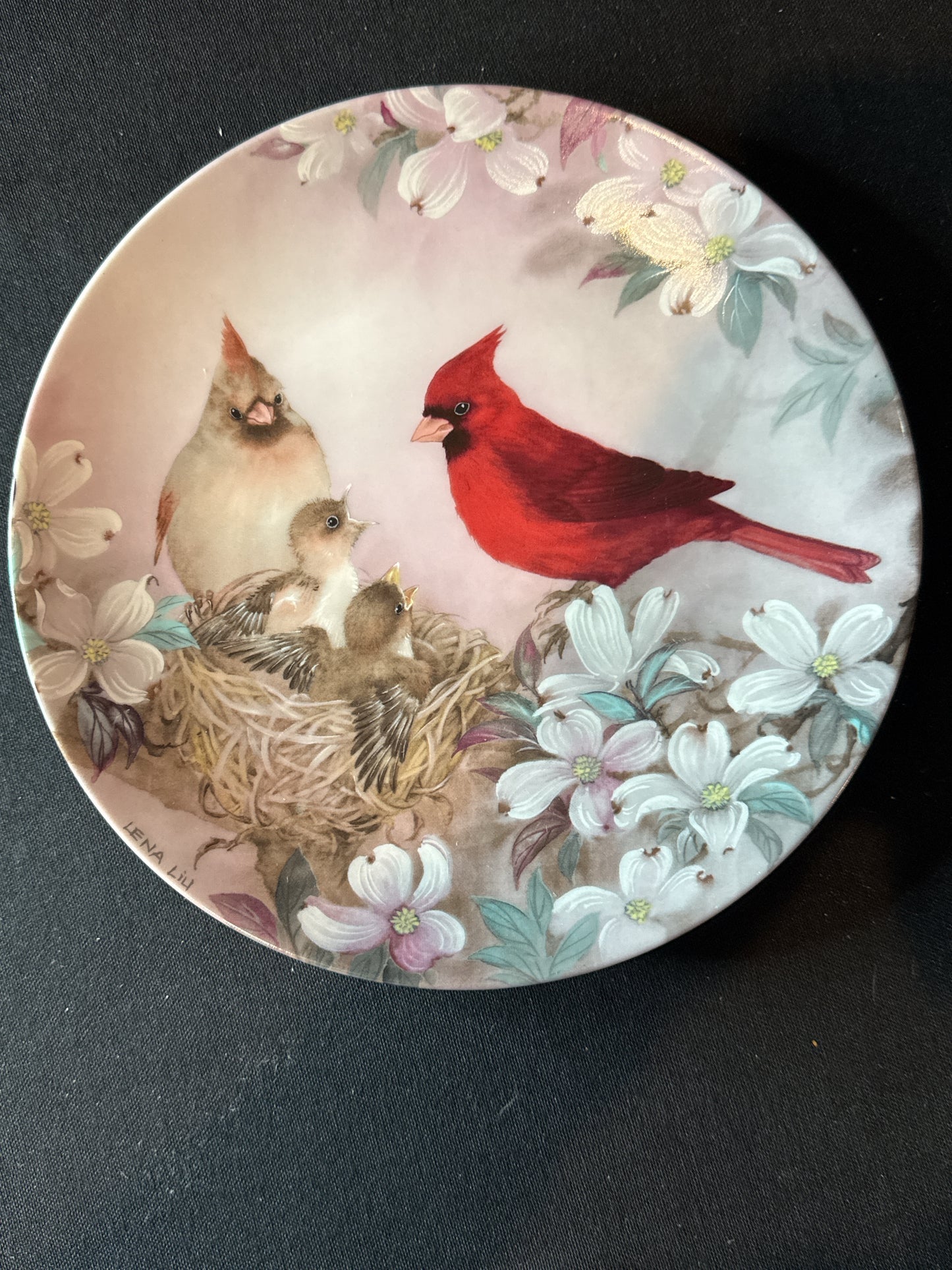 Nature's Poetry Collector Plate Lena Liu Morning Serenade Cardinal Family Nest 8.5" Wide