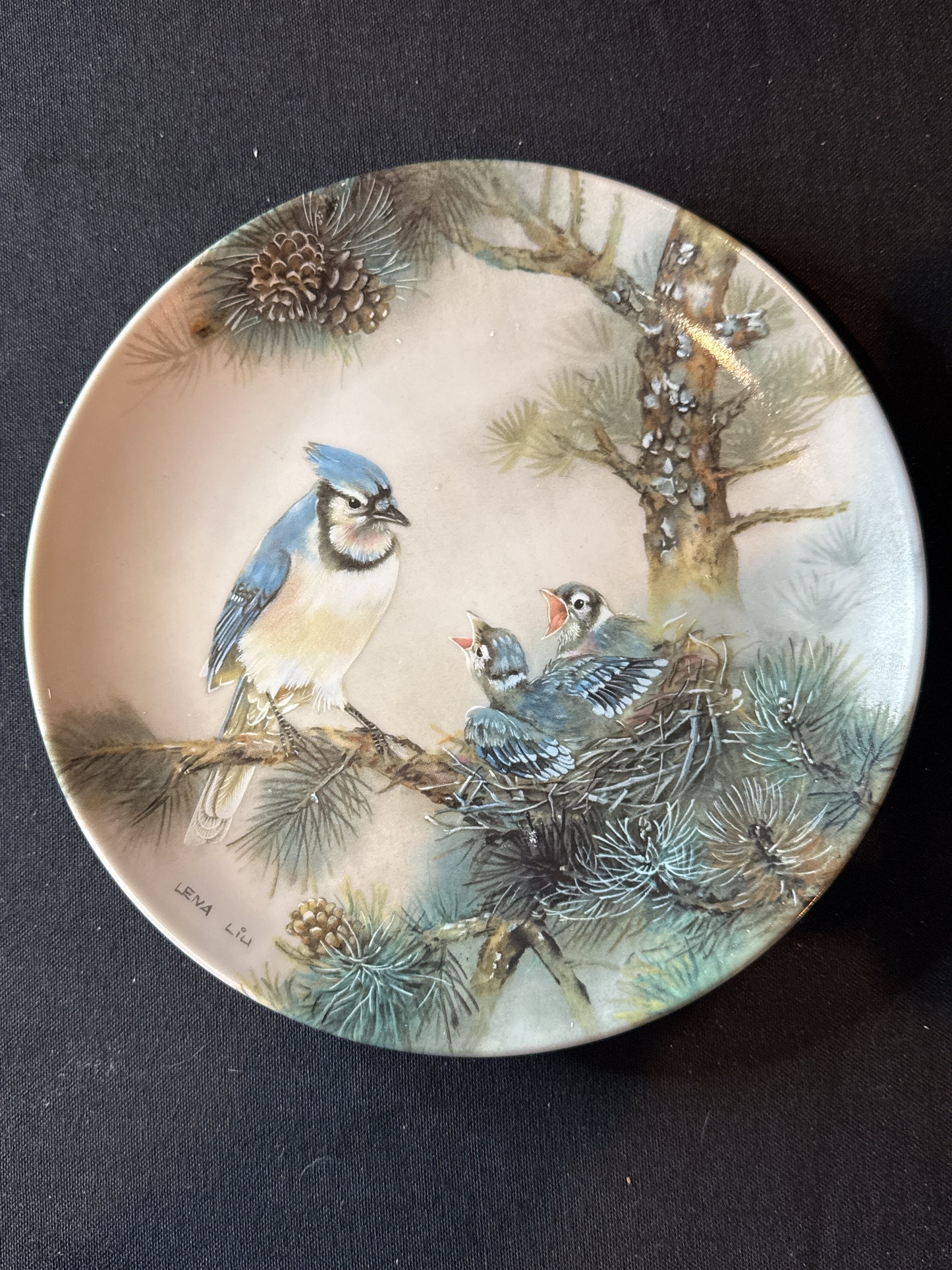 Nature's Poetry Collector Plate Lena Liu Morning Chorus BlueJay Family Nest 8.5" Wide