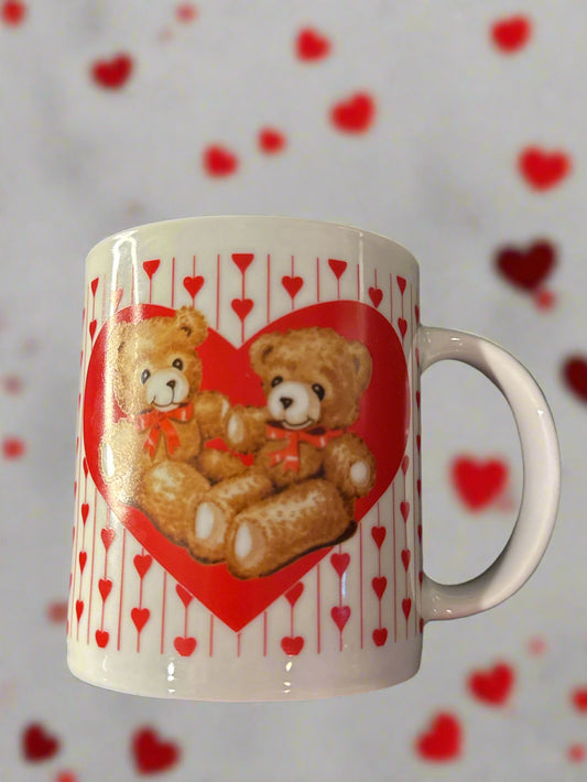 White Ceramic w/Teddy Bear Red Heart 10oz Coffee Mug Cup Valentines Day 3 5/8" Tall
