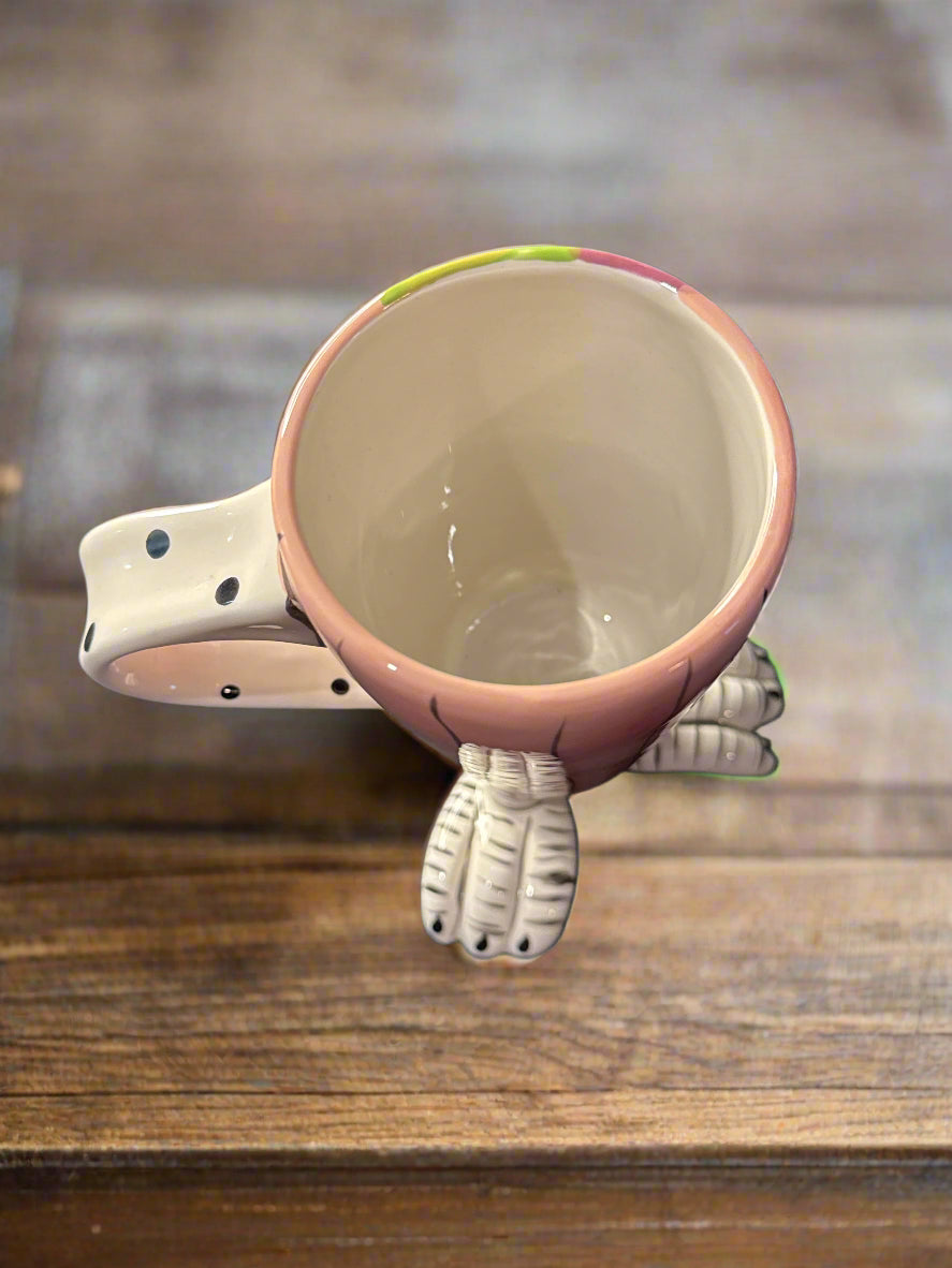 Blue Sky Clayworks 2009 Ceramic Pink Coffee Mug Bird w/ 3 Feet 8 oz 6" Tall