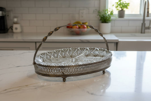 Vintage Oval Hors d'oeuvre Set Elegance Silver Plated On Steel 4 Division Glass Dish