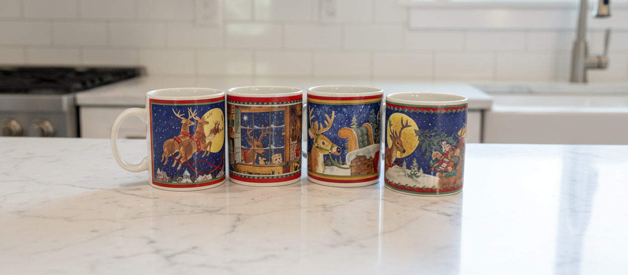 Lot of 4 Santa & Reindeer Coffee Mugs Cups Vintage 1999 Betty Whiteaker 10oz New in Box