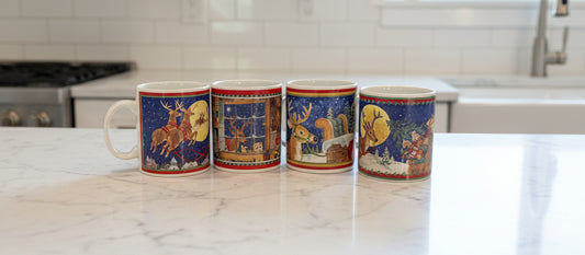 Lot of 4 Santa & Reindeer Coffee Mugs Cups Vintage 1999 Betty Whiteaker 10oz New in Box
