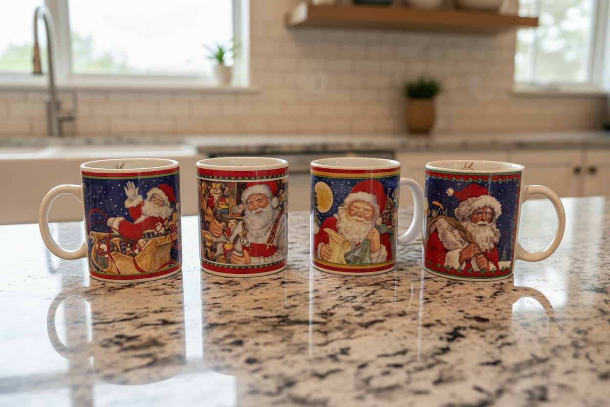 Lot of 4 Santa & Reindeer Coffee Mugs Cups Vintage 1999 Betty Whiteaker 10oz New in Box