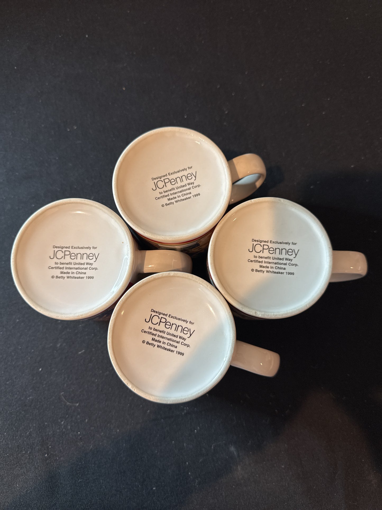 Lot of 4 Santa & Reindeer Coffee Mugs Cups Vintage 1999 Betty Whiteaker 10oz New in Box