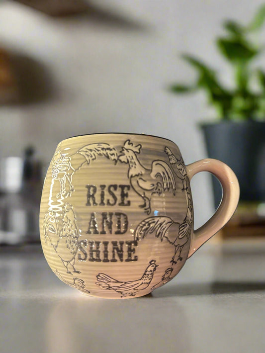 Karma Rooster Rise & Shine Coffee Cup Mug Black White Gray Ceramic 16oz New