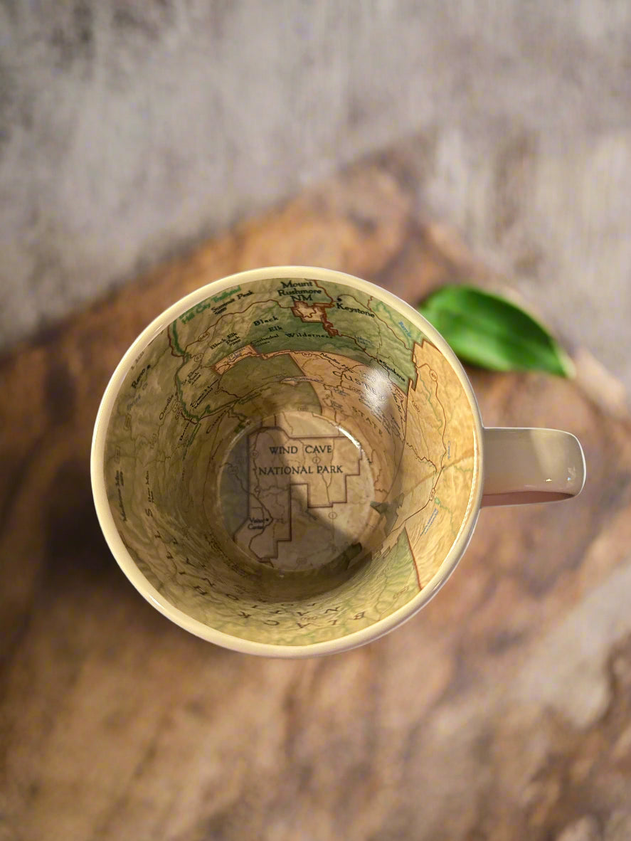 Black Hills Map Coffee Mug Cup 12oz Ceramic with Interior Map 3 7/8" Tall