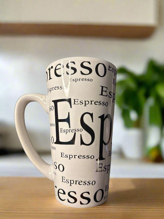 Tall White Unbranded Coffee Mug Cup "Espresso" Large Handle 6" Tall