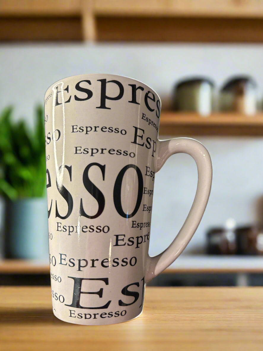 Tall White Unbranded Coffee Mug Cup "Espresso" Large Handle 6" Tall