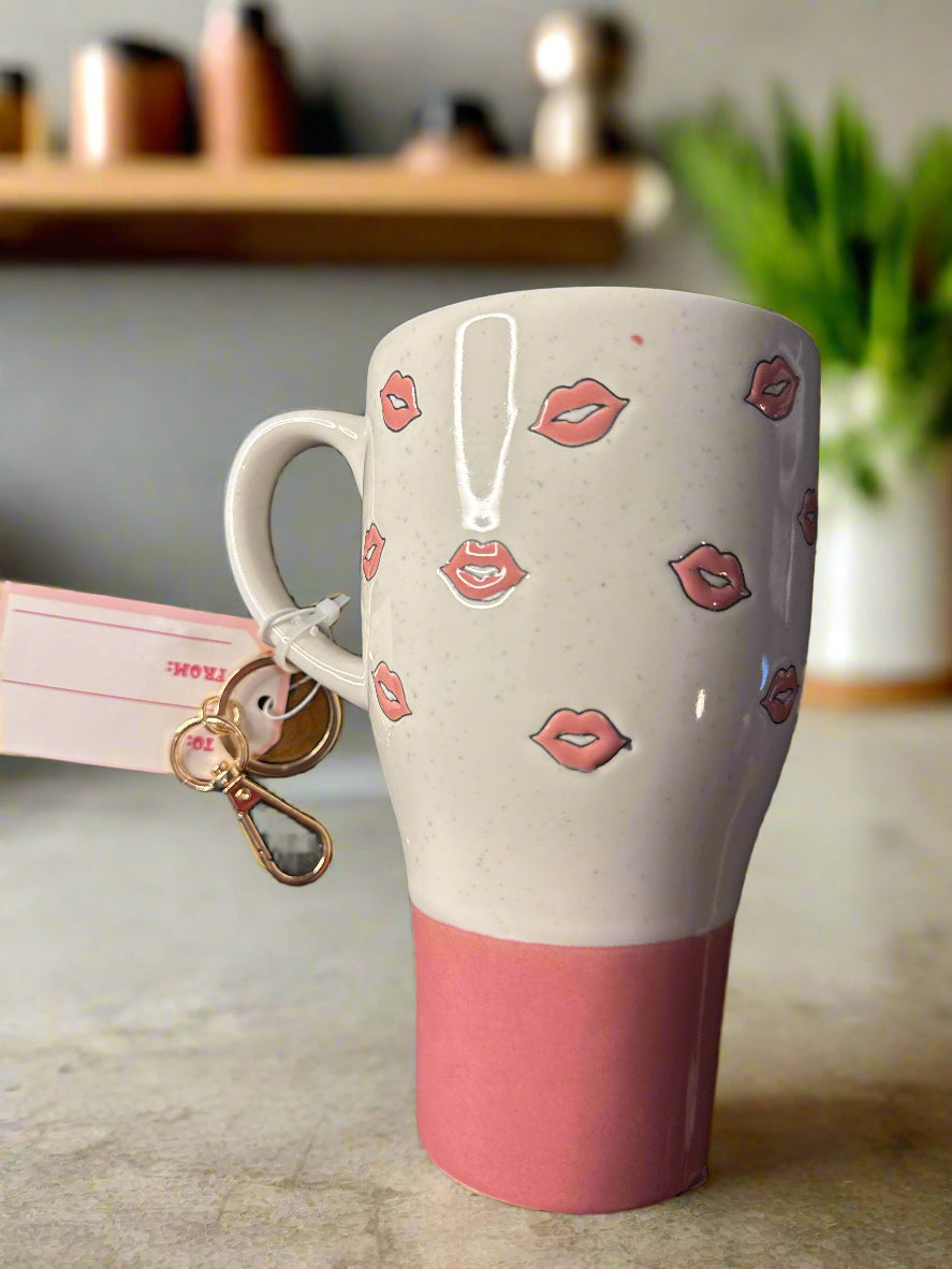 Tall Sheffield Home Coffee Mug Cup Kisses Hand Painted Heavy with Key Chain New w/ Tags