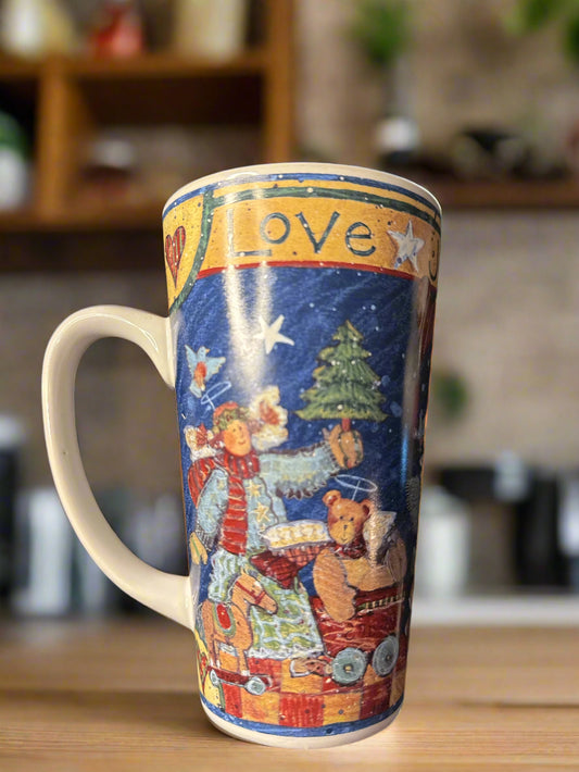 Folk Angel by Certified International Corp. Latte Coffee Mug Cup Angels & Stars on Blue 6" Tall