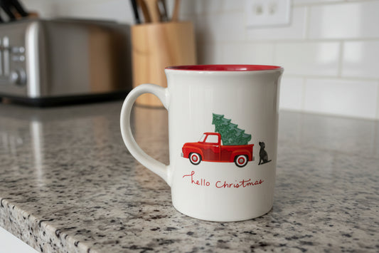 Rare Find - Fringe Hello Christmas Coffee Cup Mug Red Truck Dog Red Interior 4 3/8" Tall