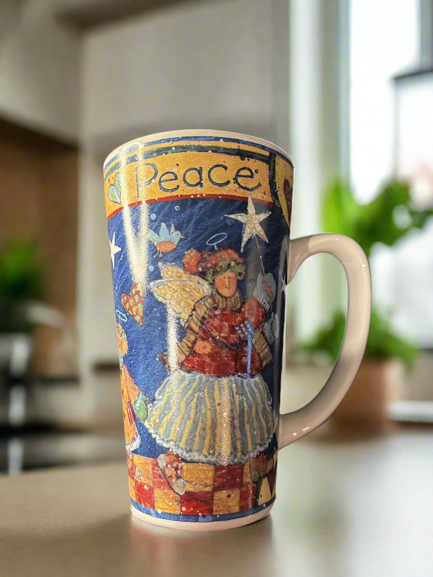 Folk Angel by Certified International Corp. Latte Coffee Mug Cup Angels & Stars on Blue 6" Tall
