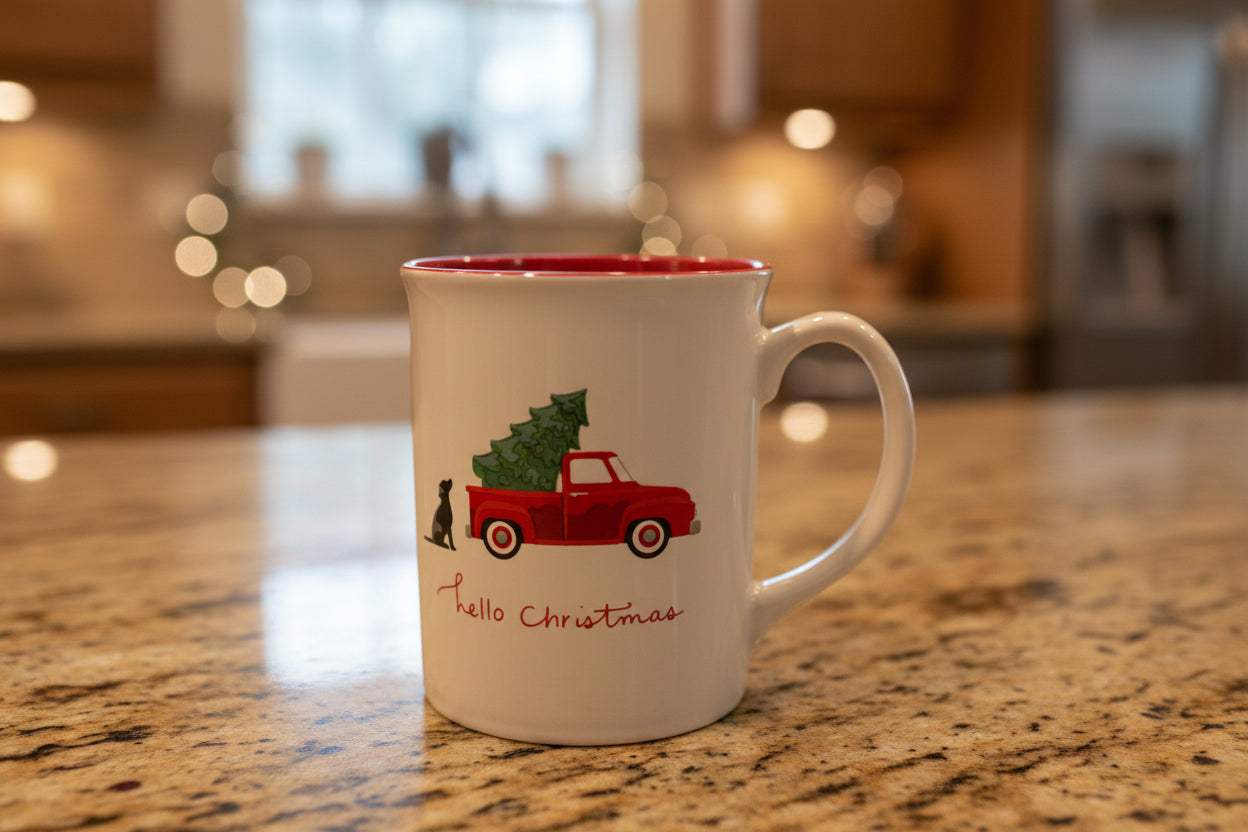 Rare Find - Fringe Hello Christmas Coffee Cup Mug Red Truck Dog Red Interior 4 3/8" Tall