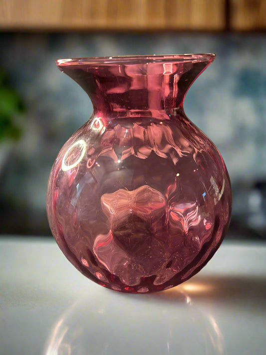 Vintage Pilgrim Glass Vase Cranberry Spiral Optic 6" Tall w/ Concave Bottom for Candles