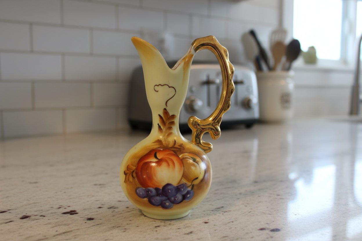Vintage Enesco E2350 Pitcher/Vase Gold Trim Hand Painted Fruit Motif Porcelain 6.5" Tall