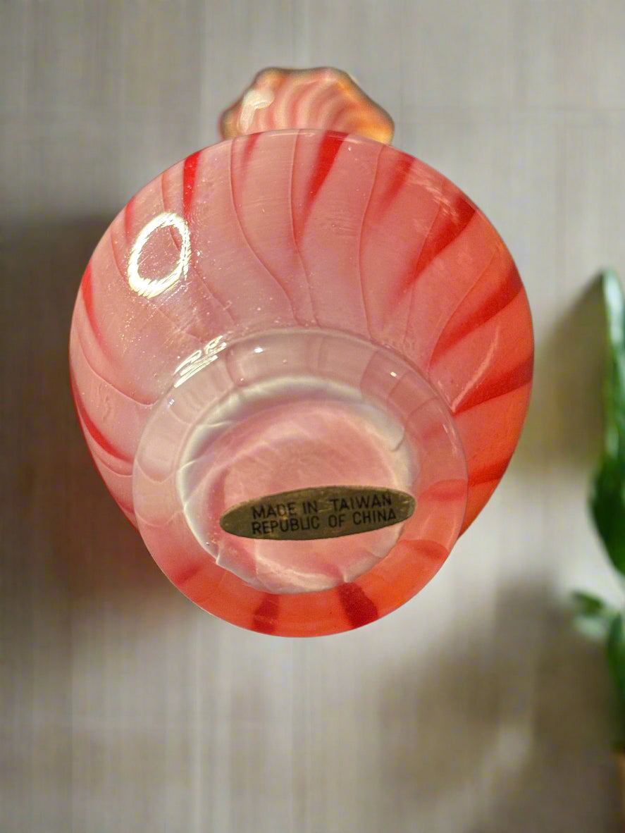 Vintage Candy Cane Striped Red/White Art Glass Bud Vase Ruffle Edge 8" Tall