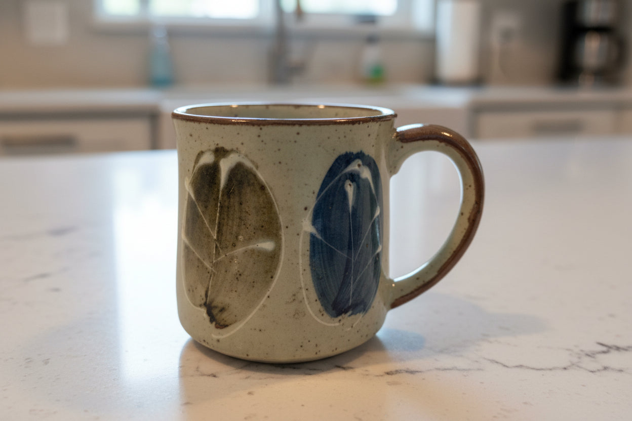 Vintage Stoneware Otagiri Blue Brown Speckled Spiral Floral Coffee Cup Mug 3.5" Tall