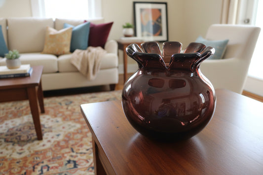 Vintage Hand Blown Glass Purple Amethyst Bowl Crenelated Rim Vase MCM Style 6" Tall